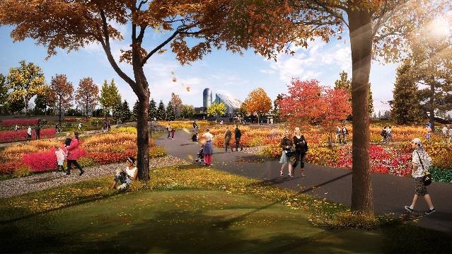Visitors walking through vibrant autumn floral gardens at Canadensis