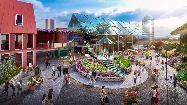 Central conservatory and plaza at the heart of the garden