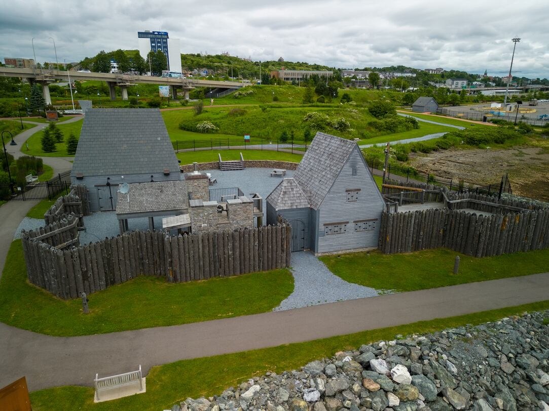 Aerial of Place Fort LaTour within its wider waterfront park setting