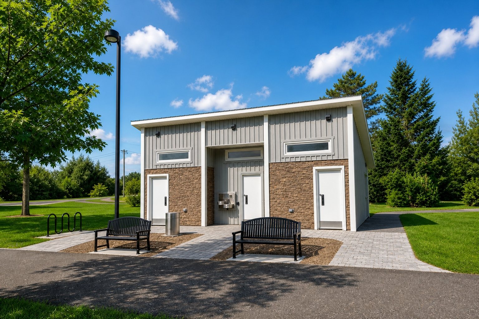 Riverside Park washroom building and plaza in Bristol, New Brunswick